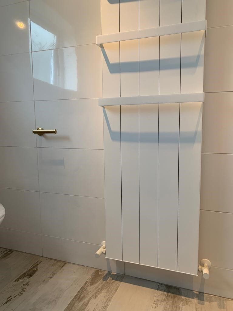 A bathroom with a white radiator and a toilet.