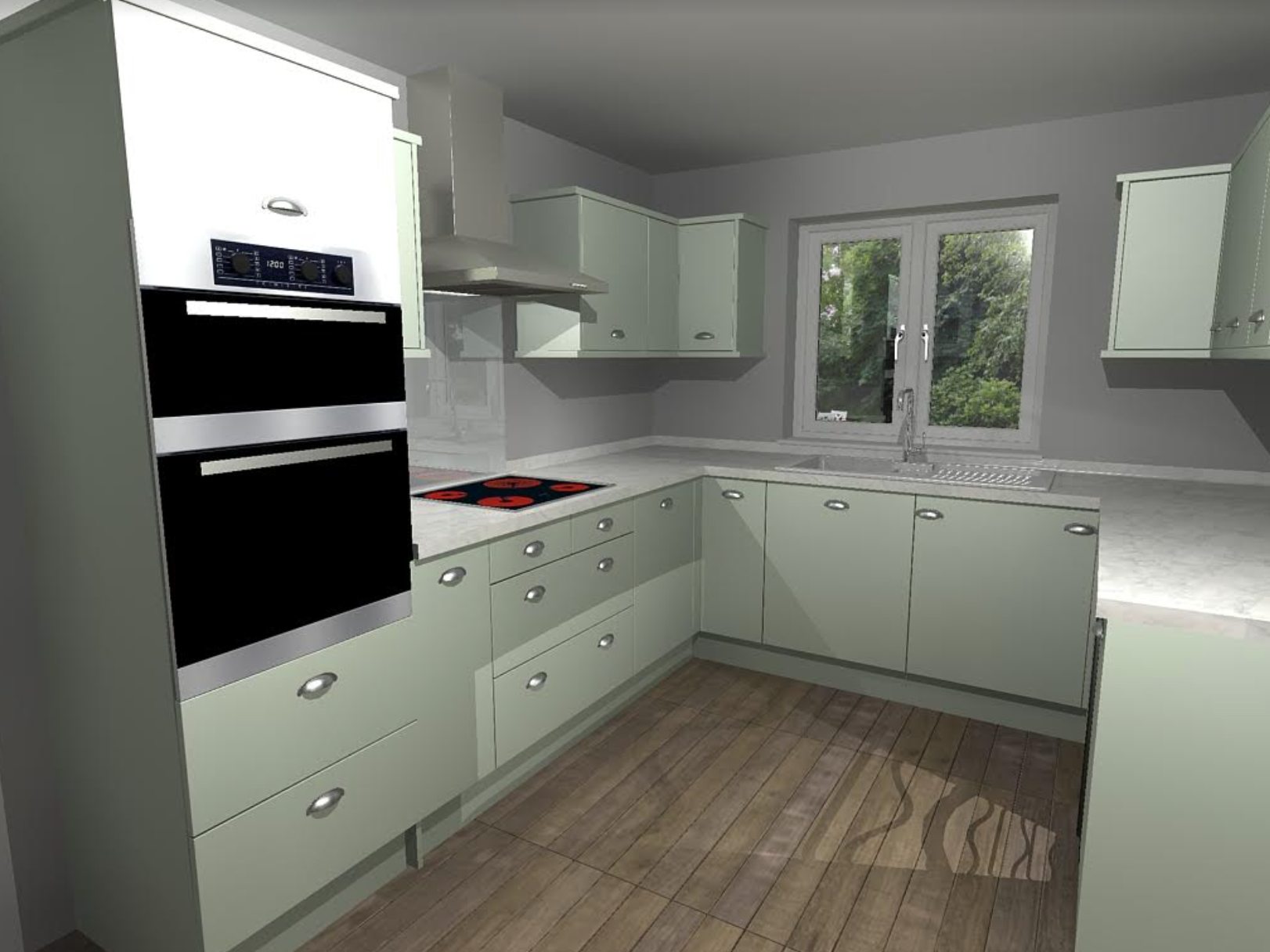 A computer generated image of a kitchen with white cabinets and black appliances