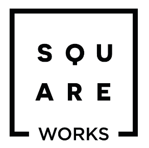 A black and white logo for a company called square works.
