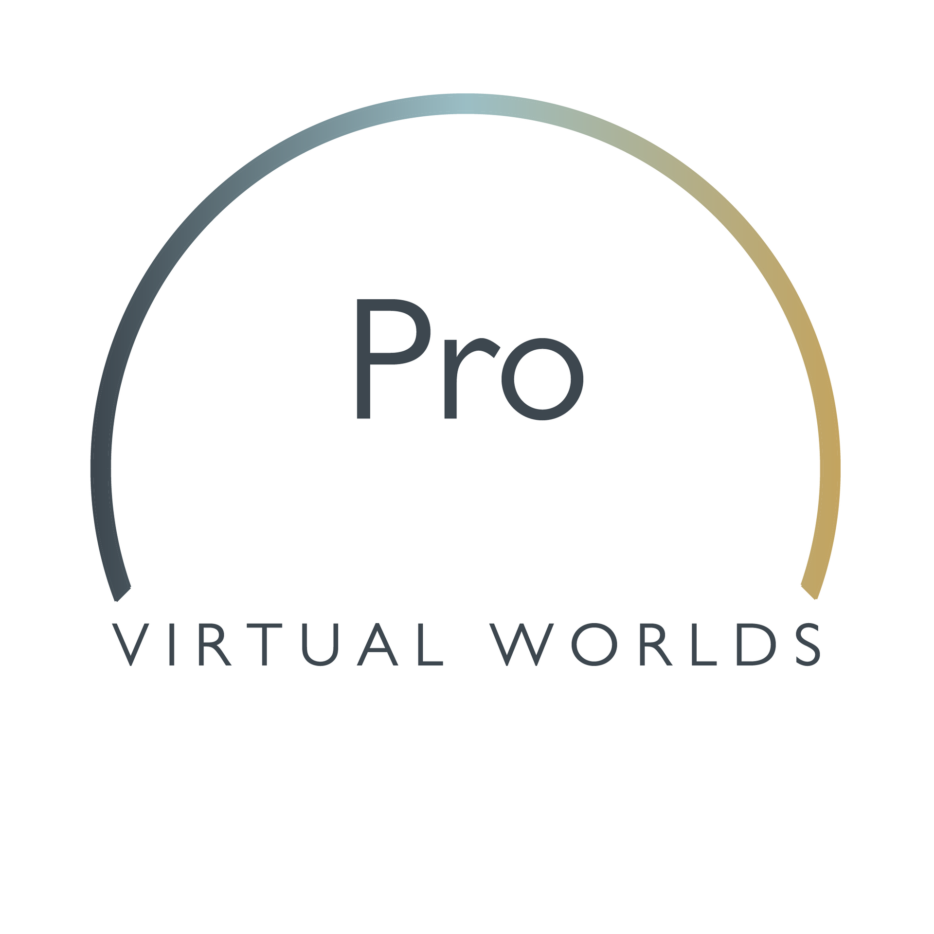 The logo for pro virtual worlds is a circle with a gradient in the middle.