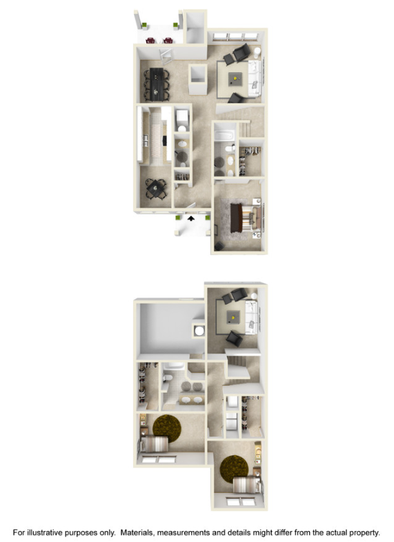 Floor plans of two apartments, top-down view, with furniture.