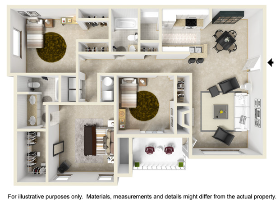 Floor plan of a three-bedroom apartment, beige walls, brown carpet, furniture layout.