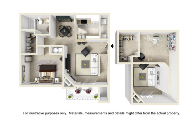 Floor plan of a two-story apartment, showing rooms and layout. Light neutral colors throughout.