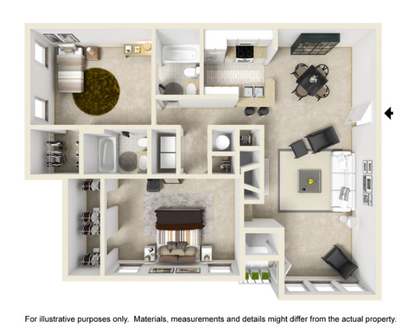 Floor plan of a two-bedroom apartment. Beige walls, furniture placement with living, dining, and kitchen areas.