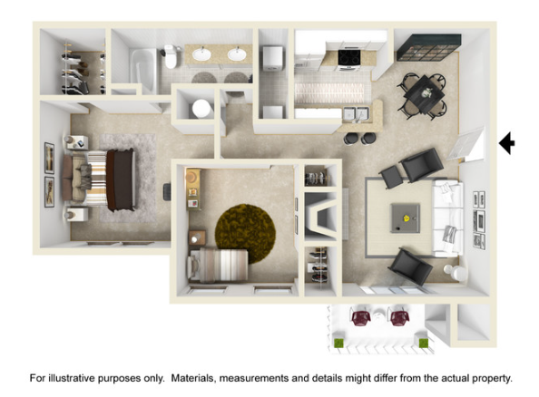 Floor plan of an apartment showing a master bedroom, guest bedroom, kitchen, living room, and balcony.