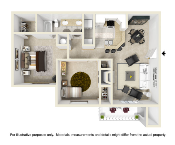 Floor plan of a two-bedroom apartment. Beige walls and carpet, with furnished living spaces.