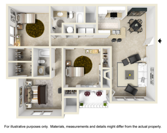 Floor plan of a three-bedroom apartment, depicting rooms, furniture, and appliances.