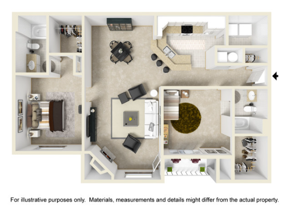 Floor plan of an apartment with a bedroom, living room, dining area, kitchen, and two bathrooms.