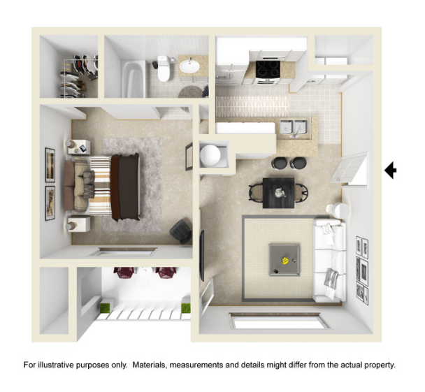 Floor plan of a one-bedroom apartment with a bedroom, bathroom, kitchen, and living area.