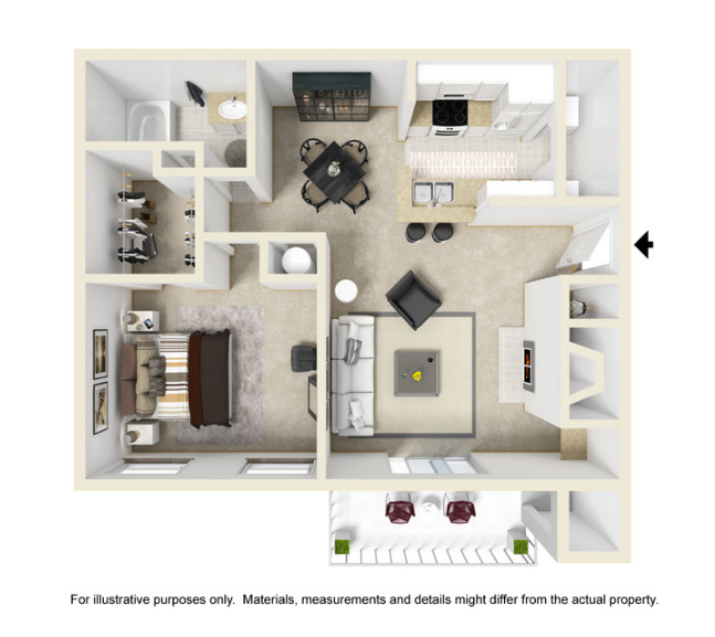 Floor plan of a one-bedroom apartment with living, dining, and kitchen areas, plus a balcony.