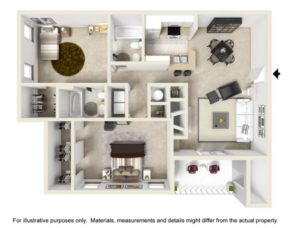 Floor plan of an apartment, showing rooms like bedrooms, kitchen, and living area.