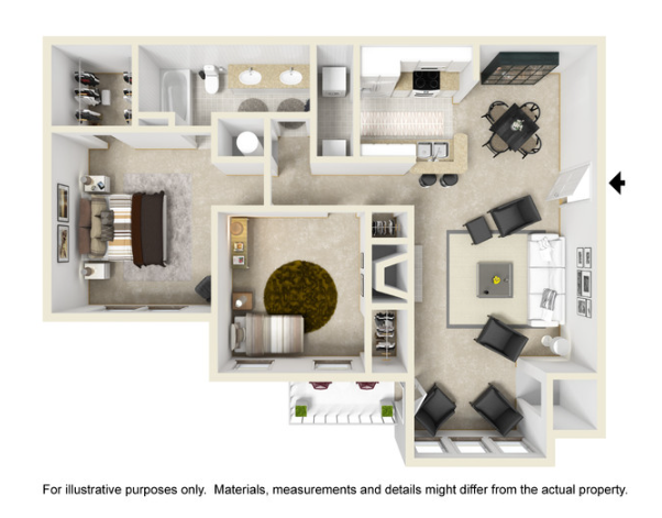 Floor plan of a two-bedroom apartment, with furniture placement, including a kitchen, dining area, living room, and balcony.