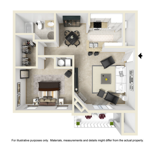 Floor plan of an apartment with a bedroom, living room, kitchen, dining area, and balcony.