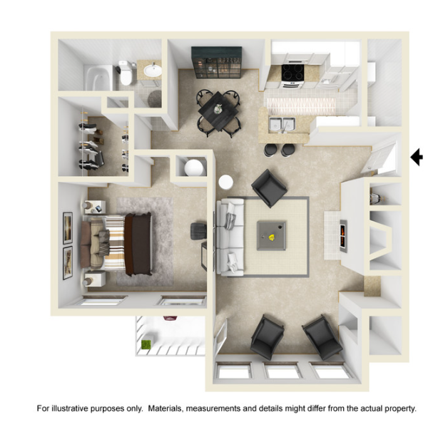 Floor plan of a one-bedroom apartment with living room, kitchen, dining area, bedroom, and bathroom.