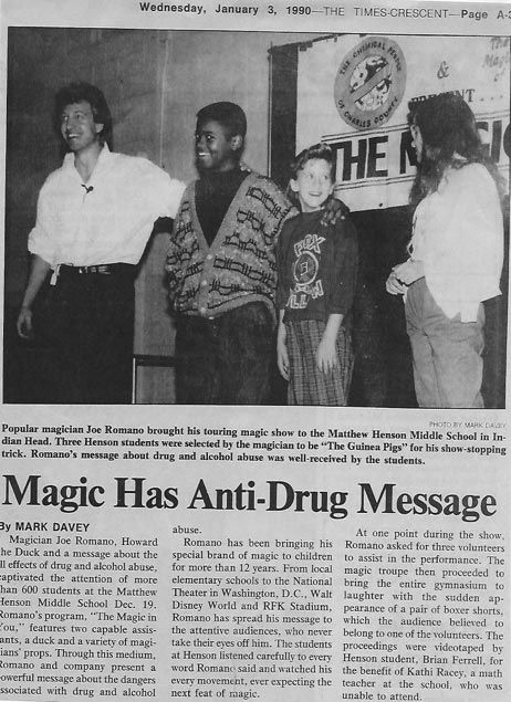 1990 news clipping of Joe Romano with a group of kids