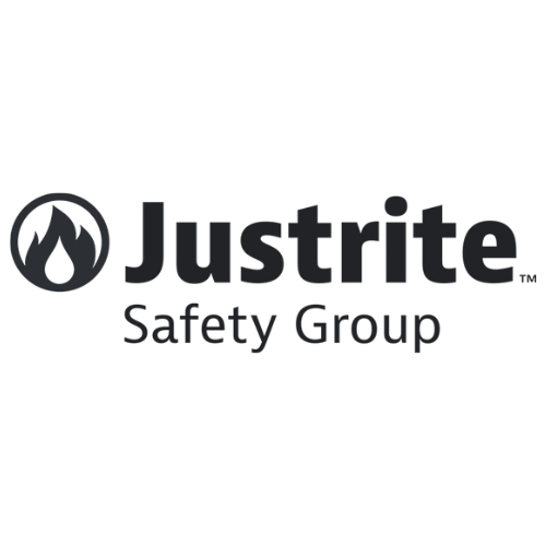 The justrite safety group logo is black and white.