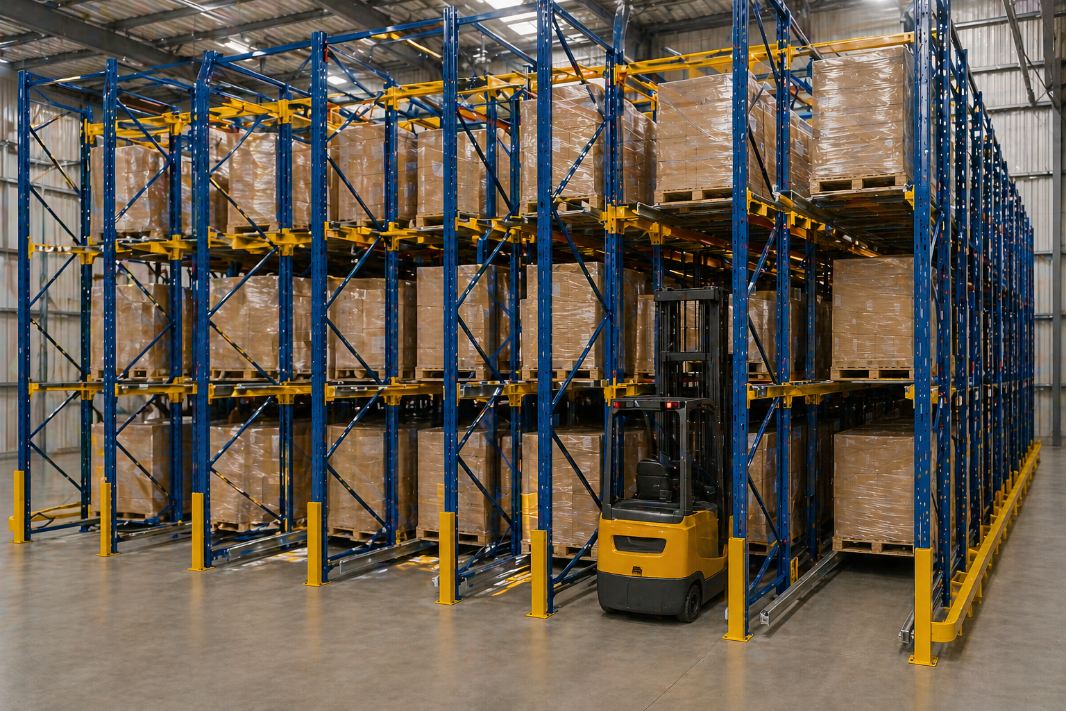 A large warehouse filled with lots of barrels and pallets