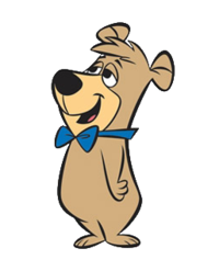 A cartoon bear wearing a blue bow tie and smiling.