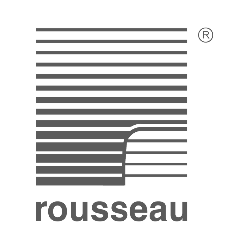 A black and white logo for rousseau , a company that sells blinds.