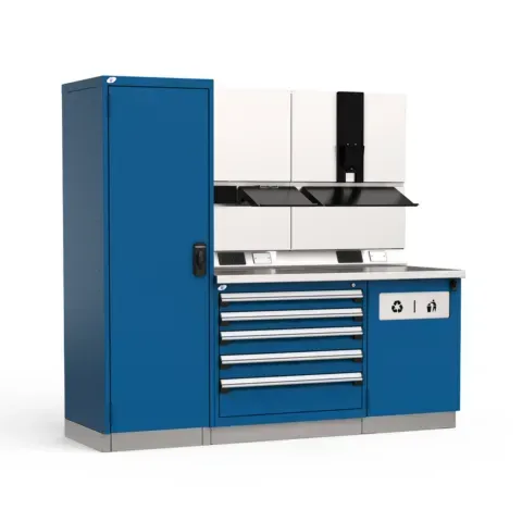 A blue cabinet with drawers and a white cabinet with drawers