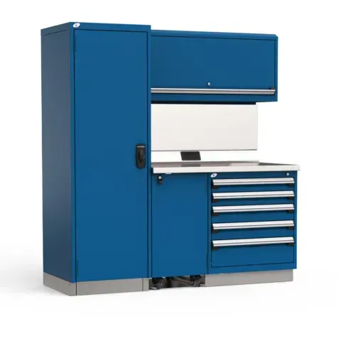 A blue cabinet with drawers and a computer on top of it