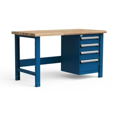 A blue workbench with a wooden top and drawers.
