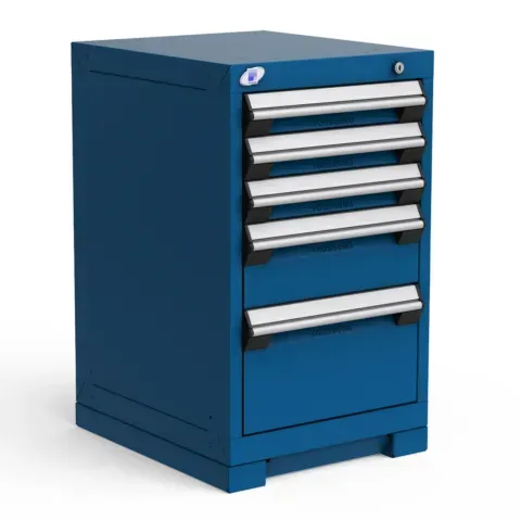A blue cabinet with drawers on a white background.