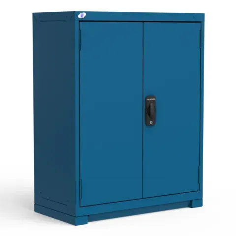 A blue metal cabinet with two doors on a white background.