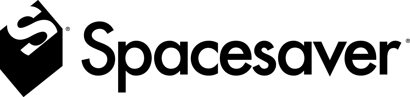 A black and white logo for spacesaver on a white background