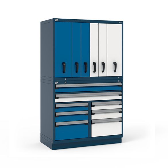 A blue and white cabinet with drawers and cabinets