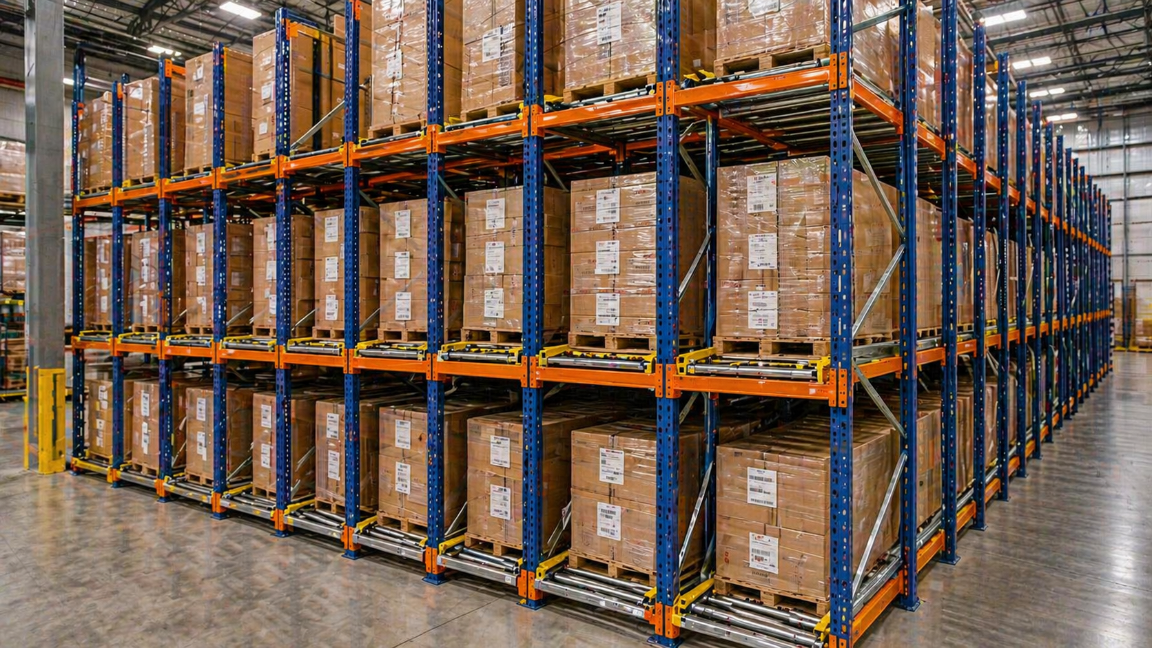 A large warehouse with lots of shelves and racks