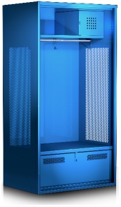 A blue locker with two drawers and a shelf