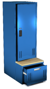 A blue locker with a drawer underneath it