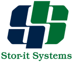 A blue and green logo for stor-it systems