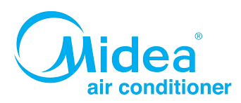 El logotipo del aire acondicionado Midea es azul y blanco sobre un fondo blanco.