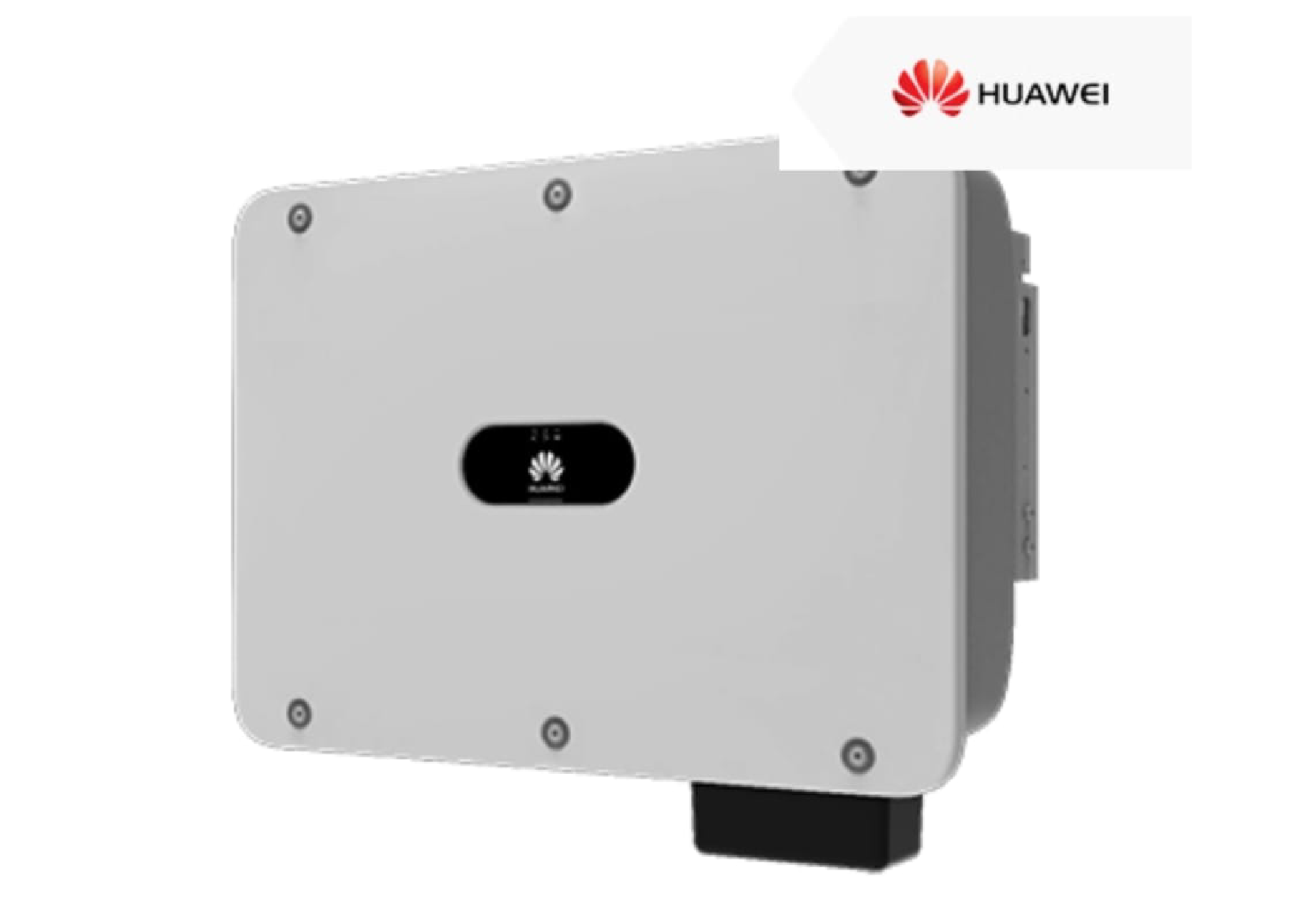 Se muestra un inversor solar Huawei sobre un fondo blanco.