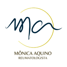 Logo de Mônica Aquino, reumatologista, com monograma azul e círculo dourado.