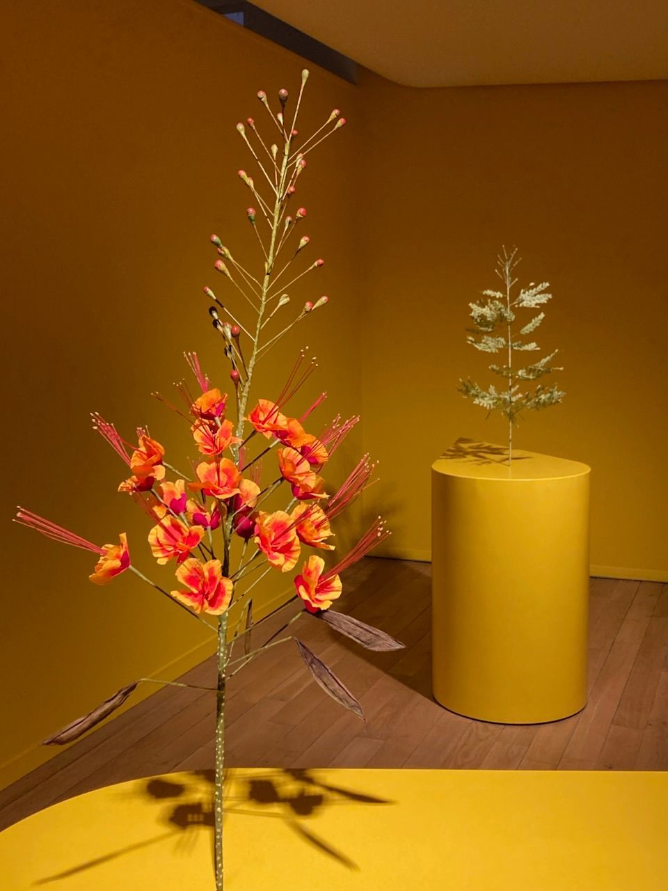 A tall, orange floral arrangement stands beside a small, green plant on a yellow cylinder, against a yellow wall.
