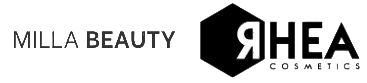 Logo per Rhea Cosmetics: testo in bianco e nero ed esagono.
