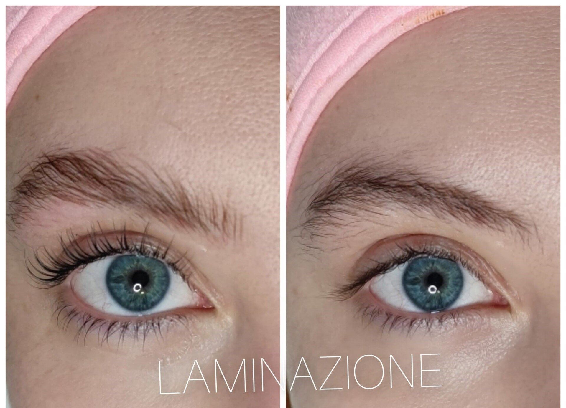 Foto prima e dopo che mostrano la laminazione di ciglia e sopracciglia. Occhi azzurri. Cerchietto rosa.
