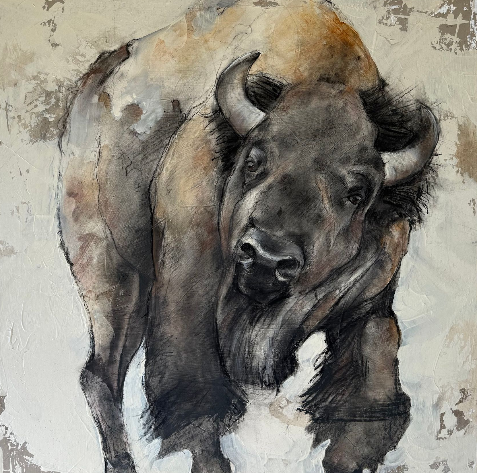 Bison, painted with muted colors, looks at the viewer with curved horns. White and tan background.