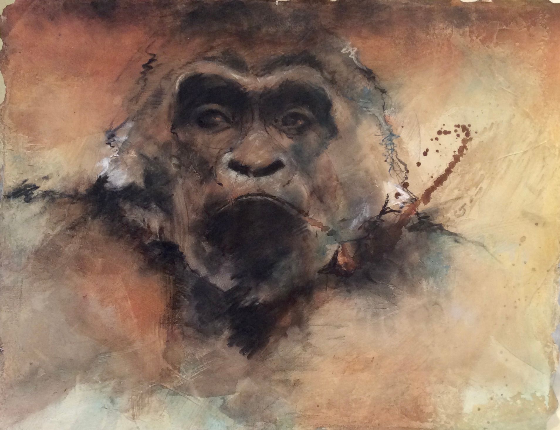 Portrait of a gorilla with a stern expression, painted in muted brown and black tones.