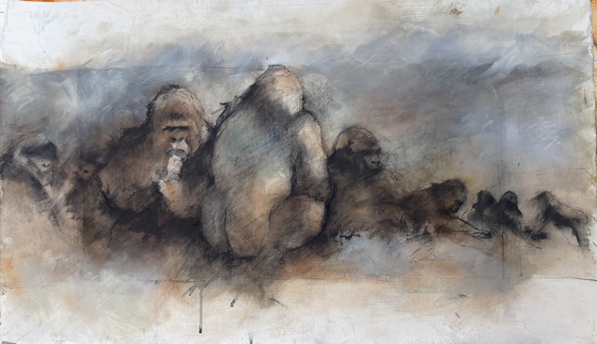 Gorillas huddled together, painted in muted browns and grays.