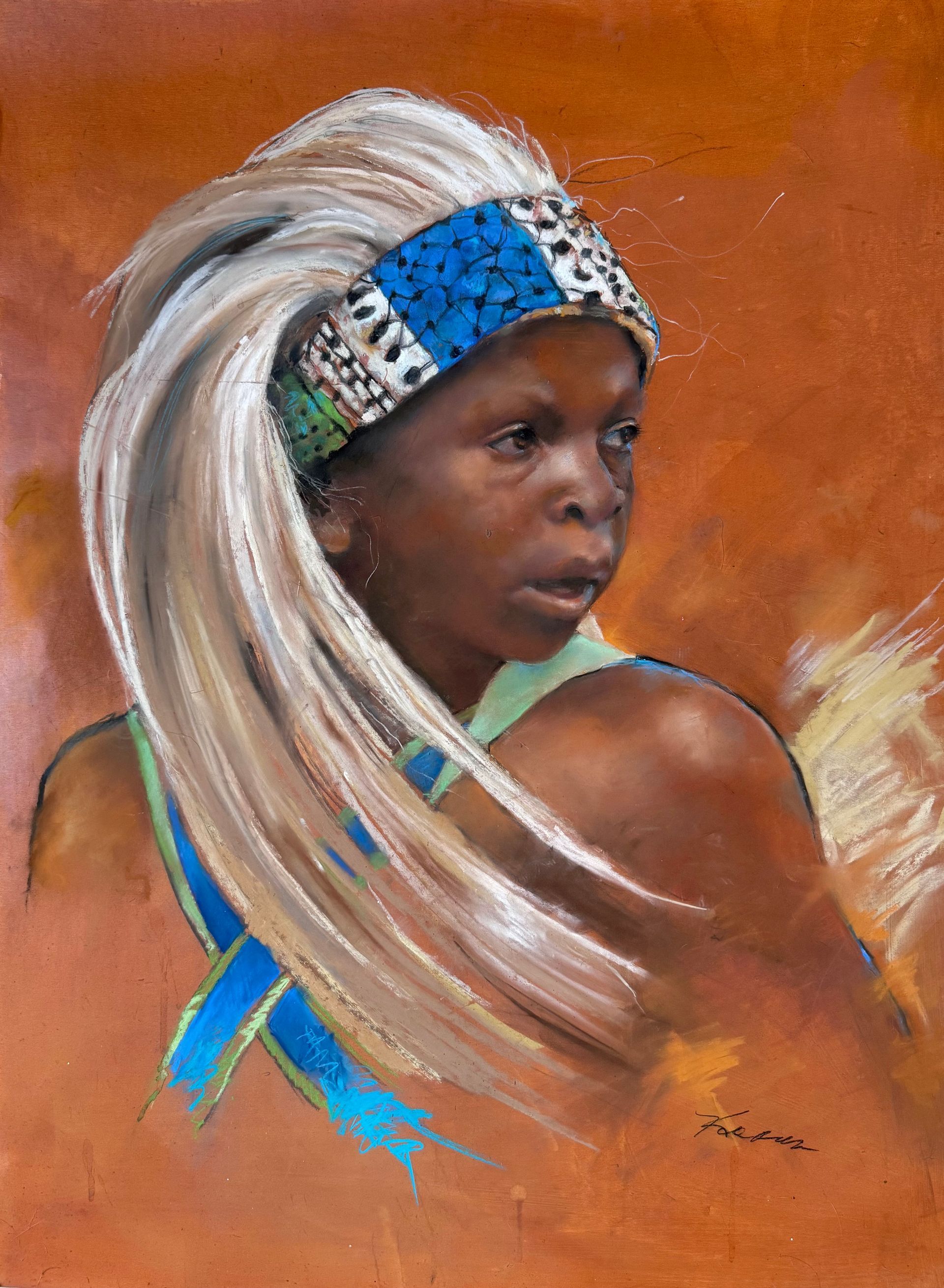 Portrait of a person wearing a blue and white beaded headband and flowing white hair, set against an orange background.