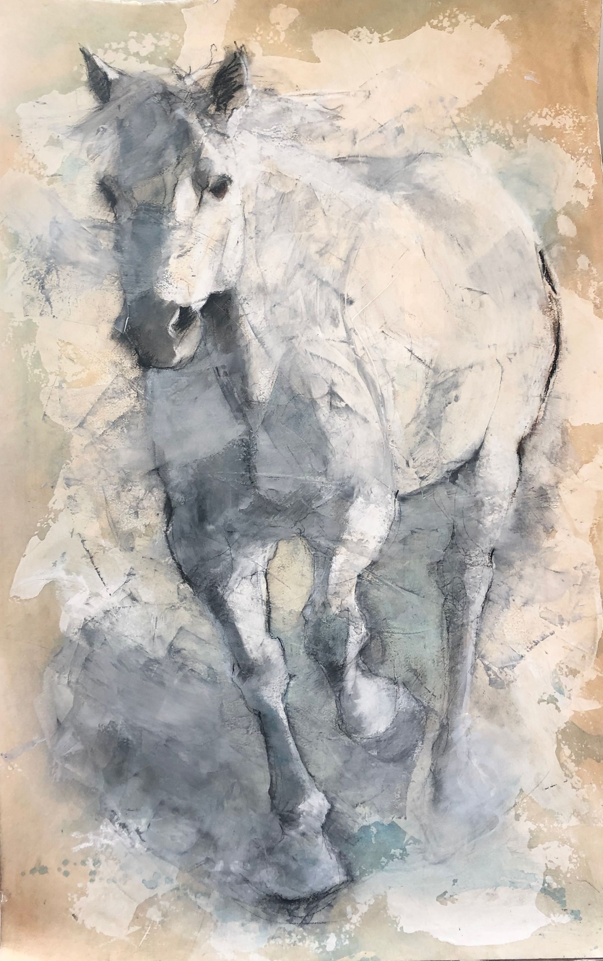 Watercolor painting of a gray horse running forward. Beige and gray tones create a textured background.