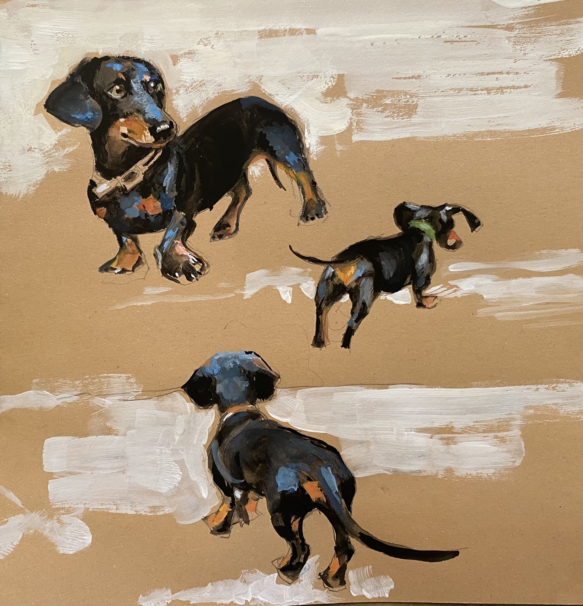 Three dachshunds painted on a tan background, two looking forward and one looking back, with white brushstrokes.