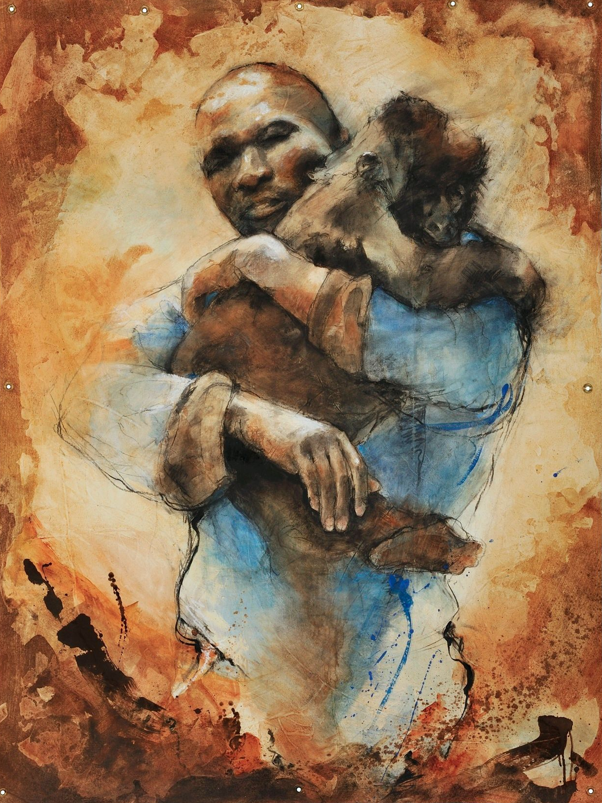 Man in blue shirt cradles a brown-skinned person. Warm brown and orange tones.