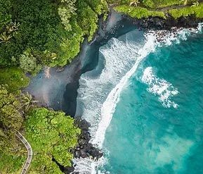 An aerial view of a body of water surrounded by trees.