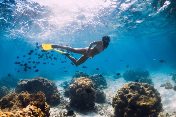 A woman is swimming in the ocean near a coral reef.