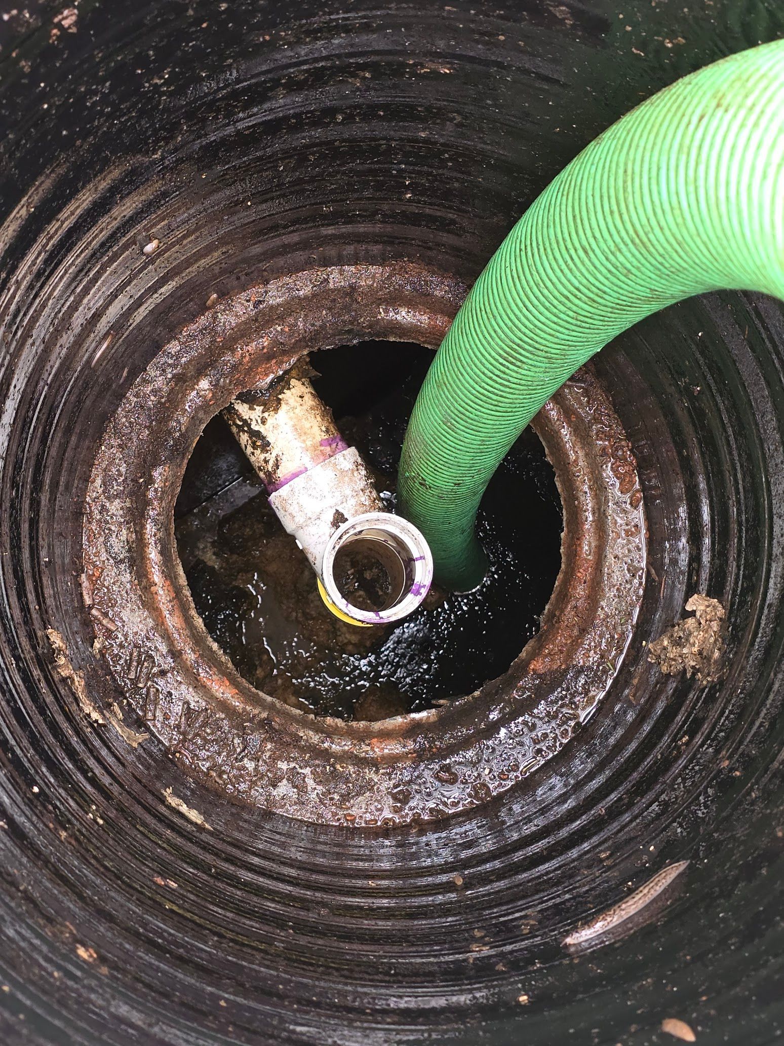 A green hose is coming out of a hole in a drain.